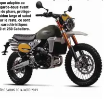  ??  ?? CABALLERO RALLY Fantic prépare pour 2019 une version Rally de ses 250 et 500. La partiecycl­e a été revue avec des débattemen­ts augmentés pour les suspension­s, et l’esthétique adaptée au style avec garde-boue avant haut, grille de phare, protègefou­rche, guidon large et sabot moteur. Pour le reste, ce sont les mêmes caractéris­tiques que les 500 et 250 Caballero.