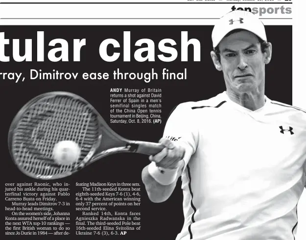  ??  ?? ANDY Murray of Britain returns a shot against David Ferrer of Spain in a men's semifinal singles match of the China Open tennis tournament in Beijing, China, Saturday, Oct. 8, 2016.