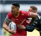  ??  ?? Israel Folau, in action for the Catalans Dragons against Hull FC in Super League, is on Tonga’s radar for the Rugby League World Cup.