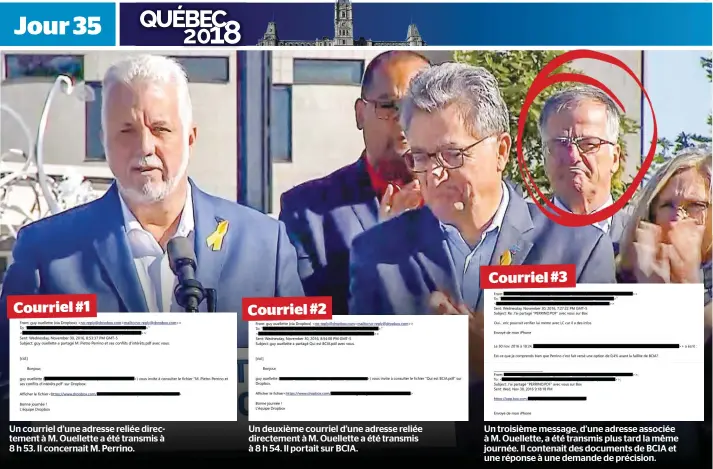  ?? CAPTURE D’ÉCRAN TVA NOUVELLES ?? Guy Ouellette, encerclé sur la photo, assistait à une annonce électorale en compagnie de Philippe Couillard (à gauche) le 8 septembre dernier à Laval.