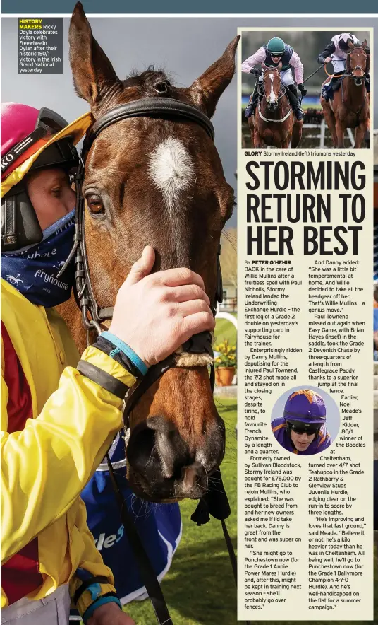  ??  ?? HISTORY MAKERS Ricky Doyle celebrates victory with Freewheeli­n
Dylan after their historic 150/1 victory in the Irish Grand National yesterday
GLORY Stormy Ireland (left) triumphs yesterday