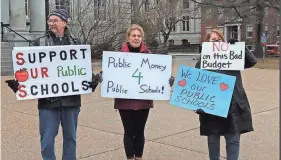  ?? JOSH ROGERS/NHPR ?? Advocates for school funding gathered outside the NH State House on April 6, 2023, as House members prepared to vote on the state budget.