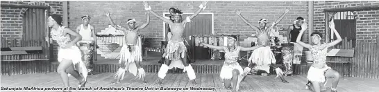  ??  ?? Sekunjalo MaAfrica perform at the launch of Amakhosi’s Theatre Unit in Bulawayo on Wednesday