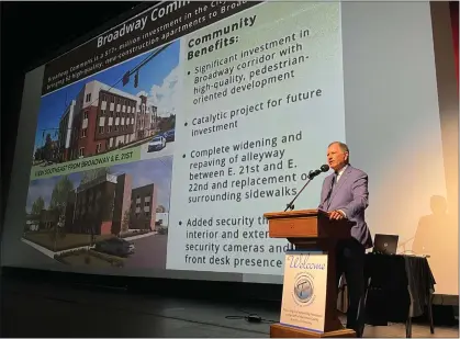  ?? MARTIN MCCONNELL — THE MORNING JOURNAL ?? Lorain Mayor Jack Bradley previews Broadway Commons as a project for 2024during his March 28Mayor’s Address at the Lorain Palace Theatre, 617 Broadway Ave. in Lorain.