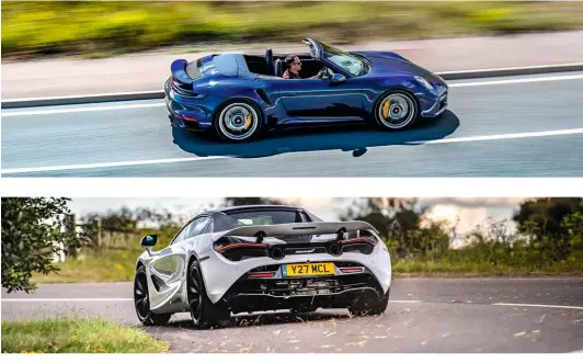  ??  ?? Opposite and above: both cars have massive carbon-ceramic brakes as standard; the Porsche in particular needs them – it’s no lightweigh­t at 1710kg (compared with a hardly sylph-like 1468kg for the Mclaren)