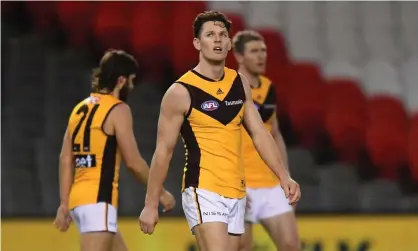  ??  ?? Jacob Koschitzke after Hawthorn’s defeat by Adelaide in round 19 of the AFL season. Photograph:James Ross/AAP