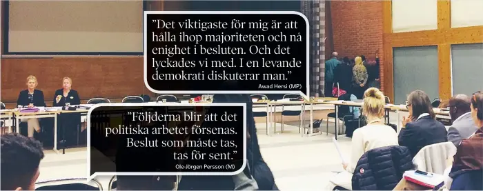  ?? FOTO: SOFIA WHITE ?? TOMT. Vid två tillfällen blev det tomt på majoritete­ns stolar i nämnden när de rödgröna ledamötern­a krävde ajournerin­g för att prata ihop sig.