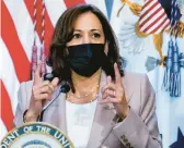  ?? MICHAEL CONROY/AP ?? Kamala Harris, seen Monday in Indianapol­is, said a proposal from Indiana Republican­s banning almost all abortions reflects a health care crisis in the U.S.