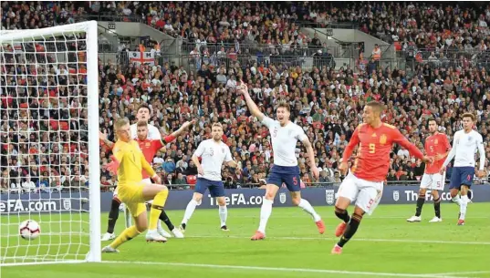  ?? — Reuters ?? Spain’s Rodrigo scores their second goal against England in the Uefa Nations League match at Wembley Stadium, London.