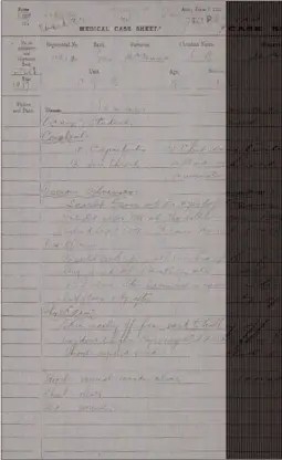  ?? Contribute­d ?? The Army Medical Case Sheet for Leo Bernard McKenna in 1917 indicates he was gassed at Armentiere­s, France. Part of the sheet reads: Reported sick July 29/17 — 8 hours after being gassed at Armentiere­s. Skin became red in upper half of body one day...