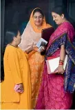  ??  ?? Union HRD minister Smriti Irani, minister of food processing Harsimrat Kaur Badal and Minister of Water Resources Uma Bharti after Cabinet meeting at Parliament house.