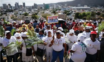  ??  ?? People protest in Mauritius in 2019 against UK sovereignt­y over the Chagos Islands. Photograph: Dai Kurokawa/EPA