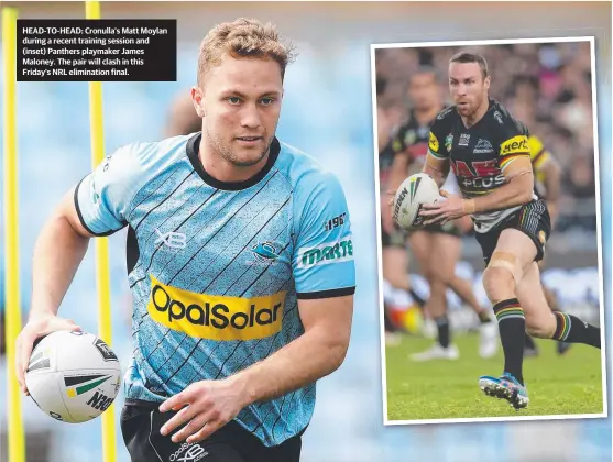  ?? HEAD- TO- HEAD: Cronulla's Matt Moylan during a recent training session and ( inset) Panthers playmaker James Maloney. The pair will clash in this Friday’s NRL eliminatio­n final. ??