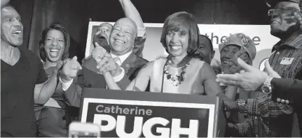  ?? LLOYD FOX/BALTIMORE SUN ?? Catherine Pugh celebrates on the night she won the 2016 mayoral primary. Prosecutor­s say she used book profits to fund her campaign.