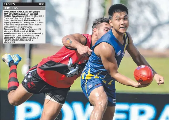  ?? Picture: JUSTIN SANSON ?? Wanderers’ Nook Mansell feeds out a handball during his side’s big win against Tiwi Bombers at TIO Stadium