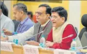  ?? PTI ?? ▪ Finance minister Piyush Goyal speaks during a meeting of the Goods and Services Tax Council (GST) in New Delhi on Saturday.