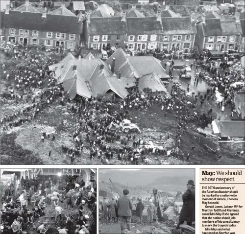  ?? PICTURES: PA ?? SCHOOL HORROR: The school, swamped by thousands of tonnes of slurry. Left, rescuers search inside the school the day after the disaster, right, stretchers at the ready in case more survivors were found on October 25, 1966.