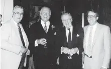  ??  ?? Ted Hughes with Garde Gardom, a Social Credit cabinet minister and later B.C.’s lieutenant governor, Dick Vogel and Frank Rhodes in the early 1980s.