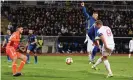  ?? Photograph: Michael Regan/Getty Images ?? Harry Kane scores England’s second goal to snuff out Kosovo’s hopes of a point in their final Group A match.