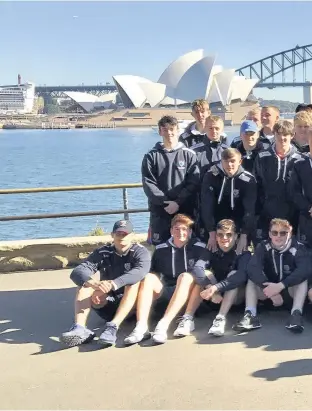  ??  ?? The full squad with Sydney Opera House & Harbour Bridge in background. Below: The 1st XV after victory in their final game victory against Sydney GS and an unbeaten tour. Right: The 2nd XV alongside William Clarke College after 14-26 win