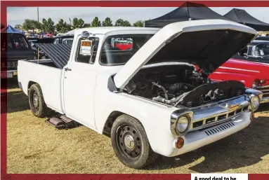  ??  ?? A good deal to be had on a 1957 F-100 Fleetside sporting a full Crown Vic swap.