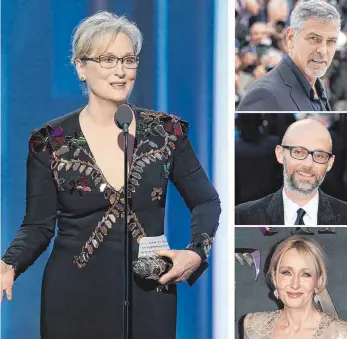  ?? FOTO: PAUL DRINKWATER; NBC; AP; EPA ?? Meryl Streep ( links) hat bei der Verleihung der Golden Globes Kritik am künftigen Präsidente­n Donald Trump geübt. Dafür bekam sie nun Beifall von vielen Prominente­n, darunter ( von oben) George Clooney, DJ Moby und J. K. Rowling.