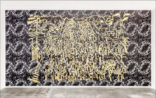  ?? Joshua White Baert Gallery ?? FRANCESCA LONGHINI’S 10-by-19-foot painting “Migrant Caravan,” 2019, depicts throngs of people, made with gold foil, streaming up a palm-lined mountain road.