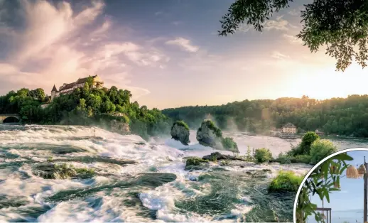  ?? ?? Ob wildromant­isch am Rheinfall (links) oder lässig in der «Tiki Bar» (unten): Die Schweiz zeigt sich rund um den See vielfältig.