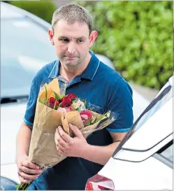  ??  ?? Michael Stirling, top, leaves court after being remanded in custody by magistrate­s yesterday. Left, John Peake, former fiance of Samantha, lays a floral tribute at her home yesterday