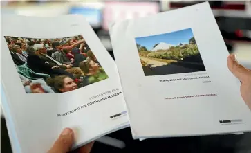  ??  ?? The two-volume Walker report, which Invercargi­ll City Council and Southland District Council have kept hidden from the public, recommends a $66 million redevelopm­ent of the current pyramid Southland Museum Art gallery building adjacent to Queens Park. KAVINDA HERATH/STUFF