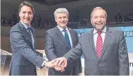  ?? NATHAN DENETTE THE CANADIAN PRESS FILE PHOTO ?? Justin Trudeau, Stephen Harper and Thomas Mulcair at a leaders’ debate in 2015, the year Harper refused to take part in debates organized by the “consortium” of broadcaste­rs, unilateral­ly ending a federal election tradition.