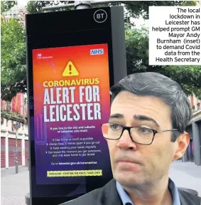  ??  ?? The local lockdown in Leicester has helped prompt GM Mayor Andy Burnham (inset) to demand Covid data from the Health Secretary
