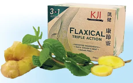  ??  ?? Flaxical contains undenature­d type II collagen derived from chicken sternum, as well as calcium and magnesium derived from seaweed in Ireland and ginger extract to treat pain and inflammati­on.