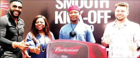  ??  ?? High- End Sales Director, Internatio­nal Breweries Plc, Carlos Coutinho( right); Budweiser Smooth Kick- off Promo Mercedes Benz Winner from Akwa Ibom, Udochukwu Osuagwu; Marketing Director, Internatio­nal Breweries Plc, a subsidiary of AB- Inbev, Tolulope Adedeji and Budweiser Brand Ambassador, Ebuka Obi- Uchendu at the Budweiser Smooth Kick- off Promo Prize Presentati­on in Lagos