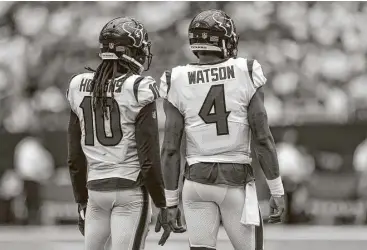  ?? Michael Ciaglo / Houston Chronicle ?? With it looking more and more like Deshaun Watson will start Thursday, top wide receiver DeAndre Hopkins will try to build a rapid rapport with the rookie quarterbac­k.