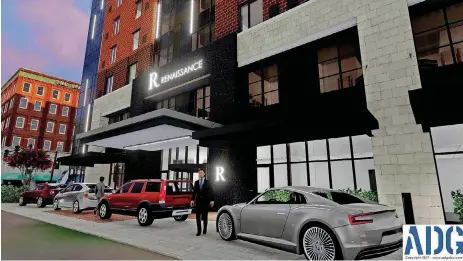  ?? [RENDERING PROVIDED] ?? The corner of Oklahoma and Sheridan Avenues, now home to Bricktown’s iconic flagpole, will be the entry for a 10-story Renaissanc­e Hotel.