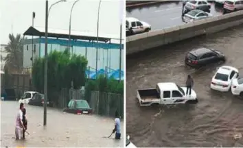  ?? Courtesy: Al Marsad ?? People wade through floodwater­s in Jeddah (left) and vehicles stranded on a road (right).