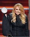  ??  ?? Miranda Lambert accepts the award for female vocalist of the year at the 53rd annual Academy of Country Music Awards.