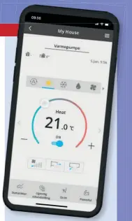  ?? ?? Vælg blandt de mange funktioner, fx varme, køling, affugtning mv. direkte fra telefonen, hvor du også kan følge med i det aktuelle elforbrug og meget mere.