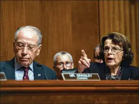  ?? DOULIERY/ABACA PRESS/TNS OLIVIER ?? Senate Judiciary Committee Chairman Chuck Grassley, R-Iowa, listens as ranking member Dianne Feinstein, D-Calif., speaks during a contentiou­s committee meeting Friday on the nomination of Judge Brett Kavanaugh to the U.S. Supreme Court.
