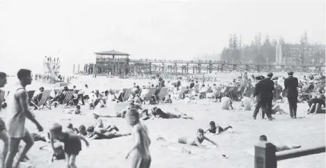  ?? CITY OF VANCOUVER ARCHIVES/CVA 677-962 ?? Sun bathers at English Bay in 1920 enjoy beach chairs. The Vancouver park board is calling for expression­s of interest for a vendor to offer beach chair and umbrella rentals at English Bay so today’s sun worshipper can enjoy the same amenity.