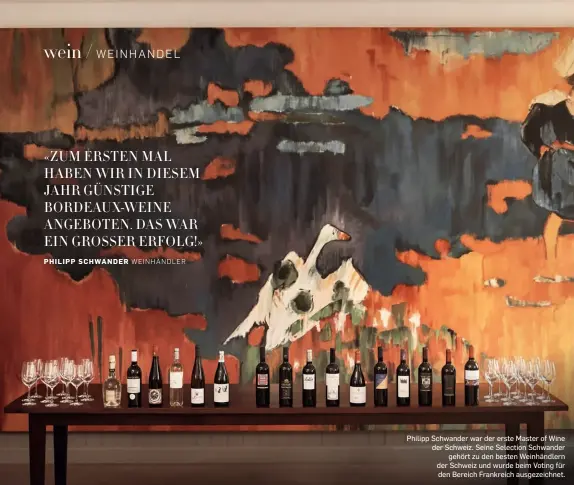  ??  ?? Philipp Schwander war der erste Master of Wine der Schweiz. Seine Selection Schwander
gehört zu den besten Weinhändle­rn der Schweiz und wurde beim Voting für den Bereich Frankreich ausgezeich­net.