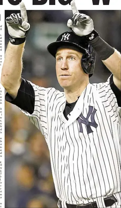  ??  ?? Todd Frazier celebrates his fourth-inning home run off Chris Sale, one of three off the Boston ace as Yankees rout rivals in the Bronx to gain ground in AL East race as they head to Baltimore.