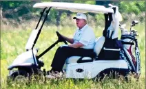  ??  ?? CLOSE ENCOUNTER: Donald Trump shakes hands, ignoring social distancing rules. Inset left: The President takes a golf cart ride during his round in Virginia