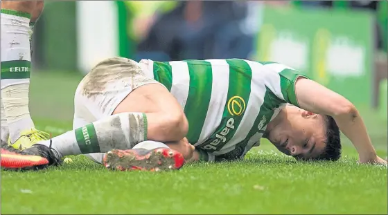  ??  ?? RECKLESS: Kieran Tierney was on the receiving end of a horror tackle from Motherwell’s Ryan Bowman last weekend and manager Brendan Rodgers wants more protection