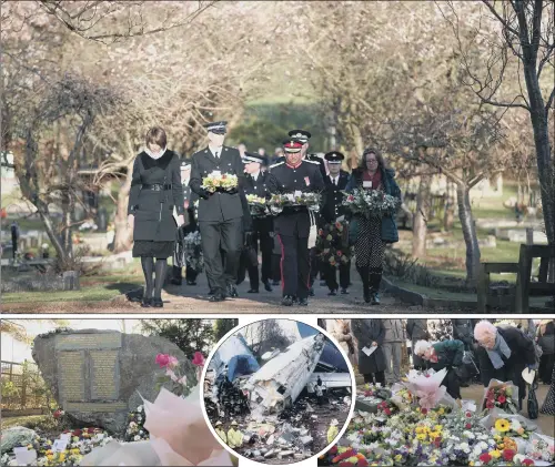  ?? PICTURES: PA WIRE. ?? MEMORIAL: Above, dignitarie­s carry flowers to be laid after a church service at St Andrew’s Church, Kegworth, to mark the 30th anniversar­y of a crash in which 47 people lost their lives; left, the nearby memorial site; centre, the scene of the crash on January 8, 1989; right, members of the public place flowers at the memorial