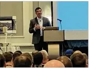  ?? CONTRIBUTE­D BY ERIC FRANTZ ?? Ohio State football coach Ryan Day addresses the Ohio High School Football Coaches Associatio­n on Friday in Columbus.