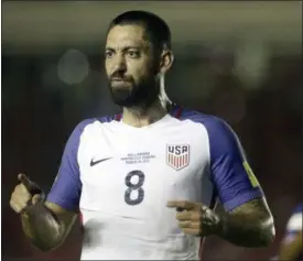  ?? ARNULFO FRANCO — THE ASSOCIATED PRESS ?? United States’ Clint Dempsey celebrates after scoring against Panama during a 2018 World Cup qualifying soccer match in Panama City on Tuesday.