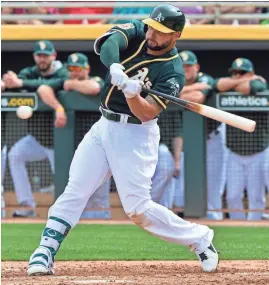  ?? MATT KARTOZIAN/USA TODAY SPORTS ?? The Athletics’ Yonder Alonso hits a solo home run during the second inning against the Giants during a spring training game at Hohokam Stadium on Friday.