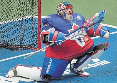  ?? BARRY GRAY THE HAMILTON SPECTATOR FILE PHOTO ?? Rock goalie Nick Rose corrals a ball in the crease during a home game in January.